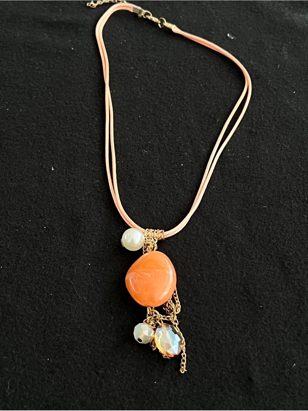 Golden Chain Necklace with Orange Stone Pendant and Pearl Accent
